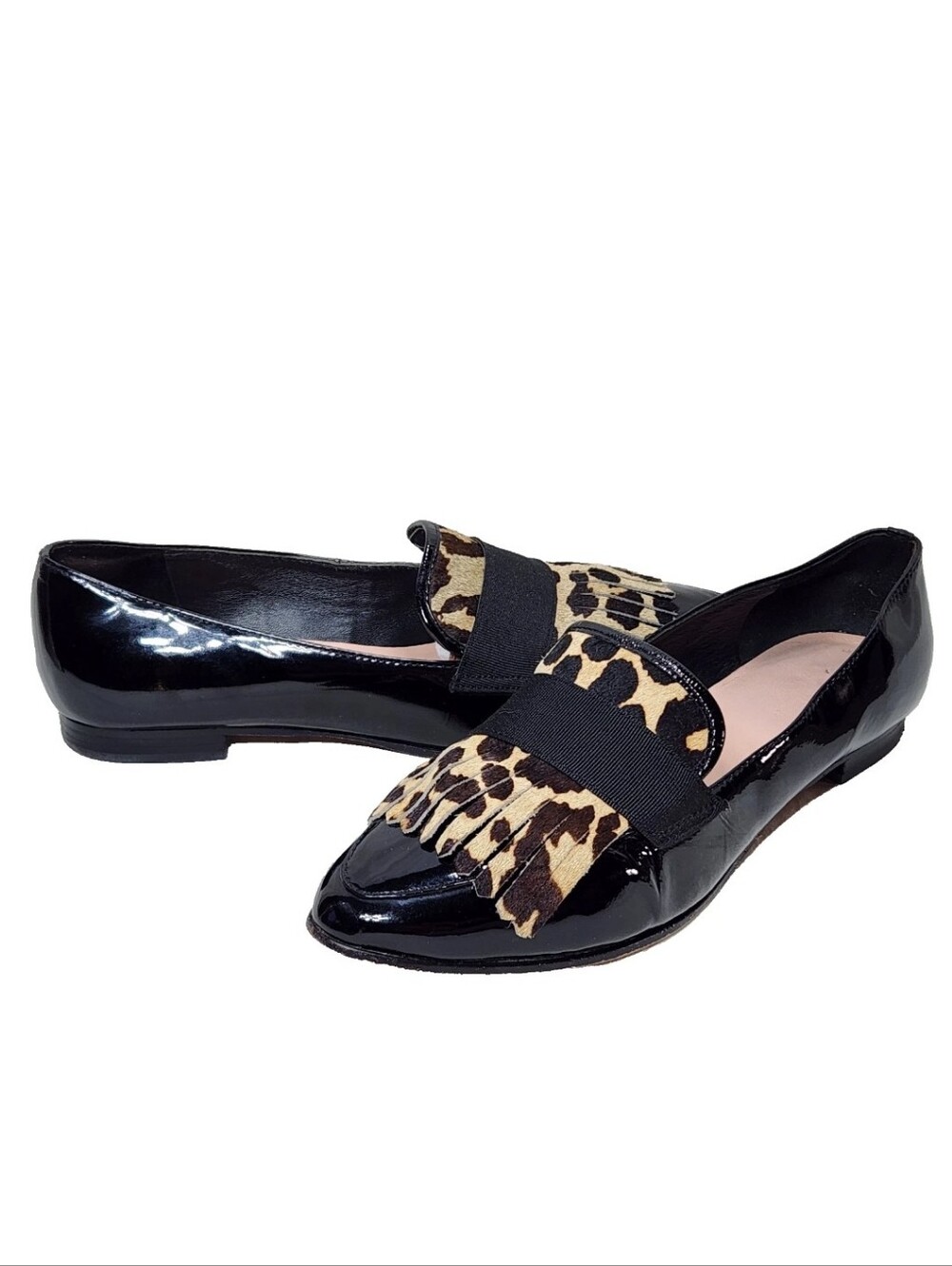 KATE SPADE Cayla Patent Leather Leopard Print Hair Calf Kiltie Sz 9.5 Black Flat